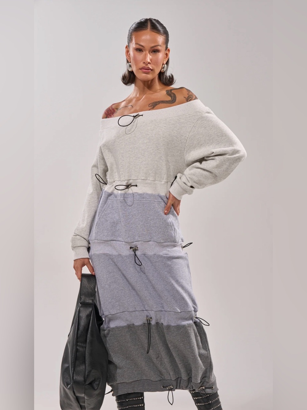 NEW AKIRA Colorblock Drawstring Sweat SHIRT Dress - Size - Large - Picture 2 of 6